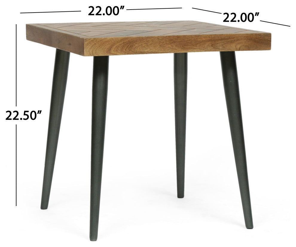 Tilton Boho Handcrafted Mango Wood Parquet Side Table, Natural Honey and Gray