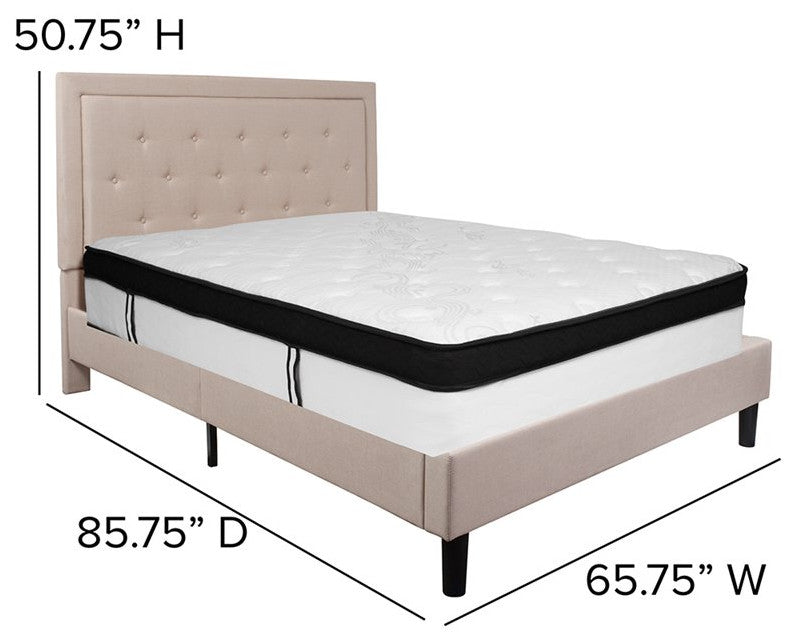 Roxbury Tufted Upholstered Platform Bed and Memory Foam Pocket Spring Mattress,