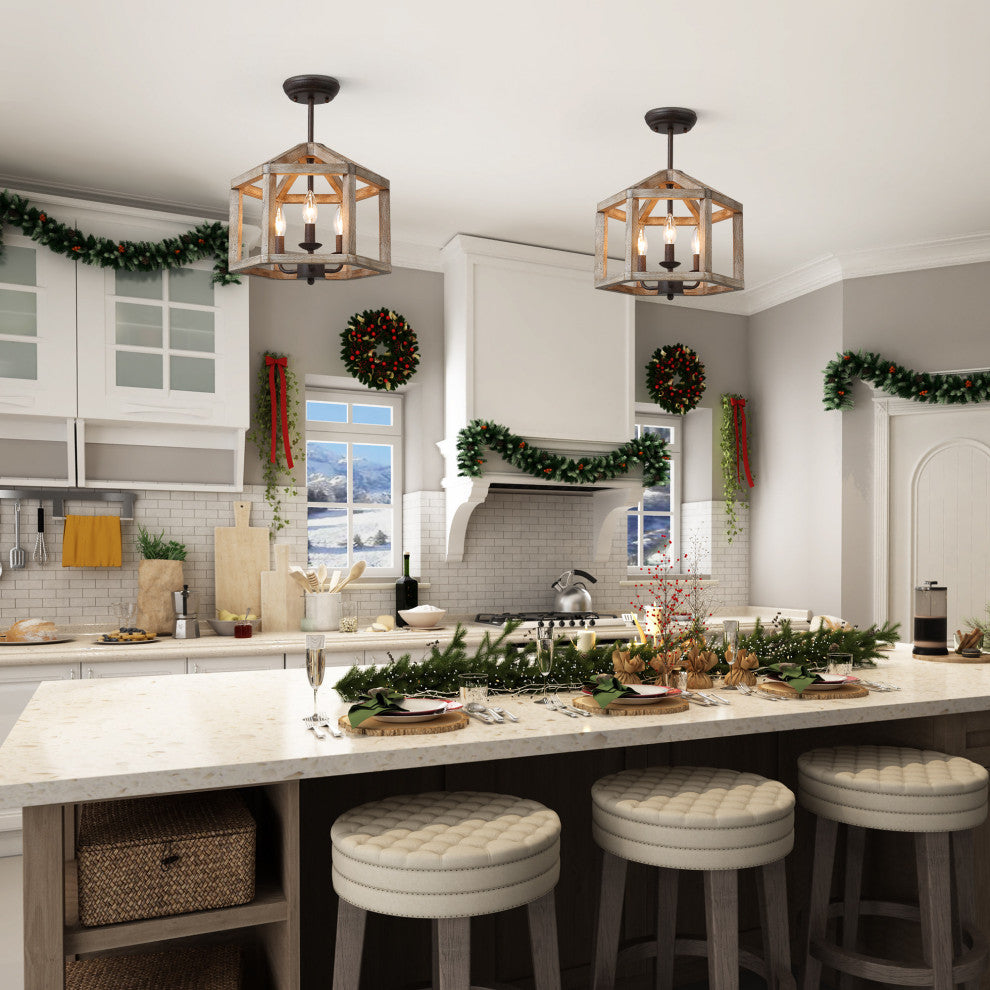 LNC Farmhouse 3-Light Bronze Square Wood Semi-Flush Mount Lighting