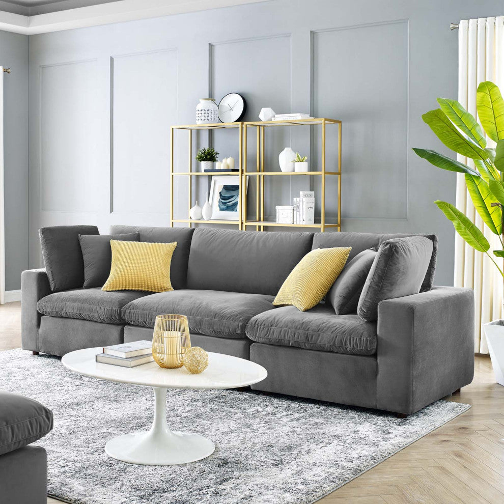 Commix Down Filled Overstuffed Performance Velvet 3-Seater Sofa Gray