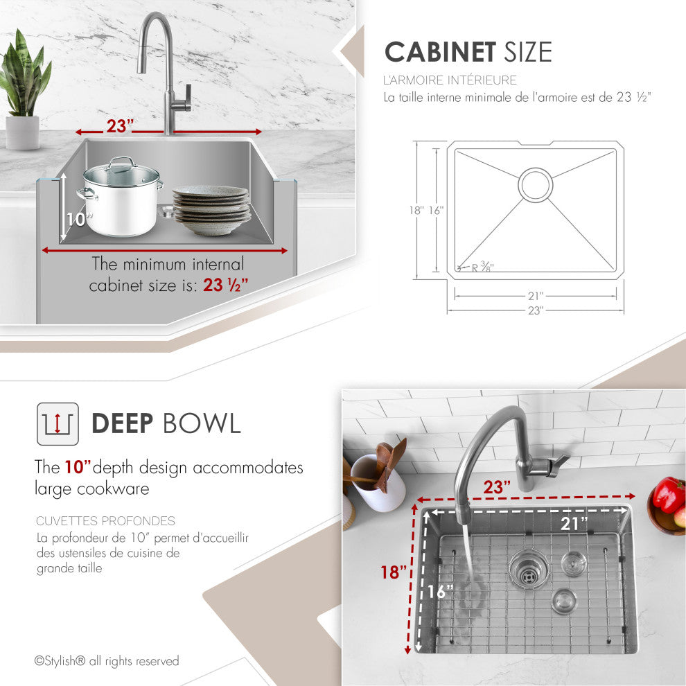 STYLISH 23" x 18" Stainless Steel 16 Gauge Single Basin Undermount Kitchen Sink