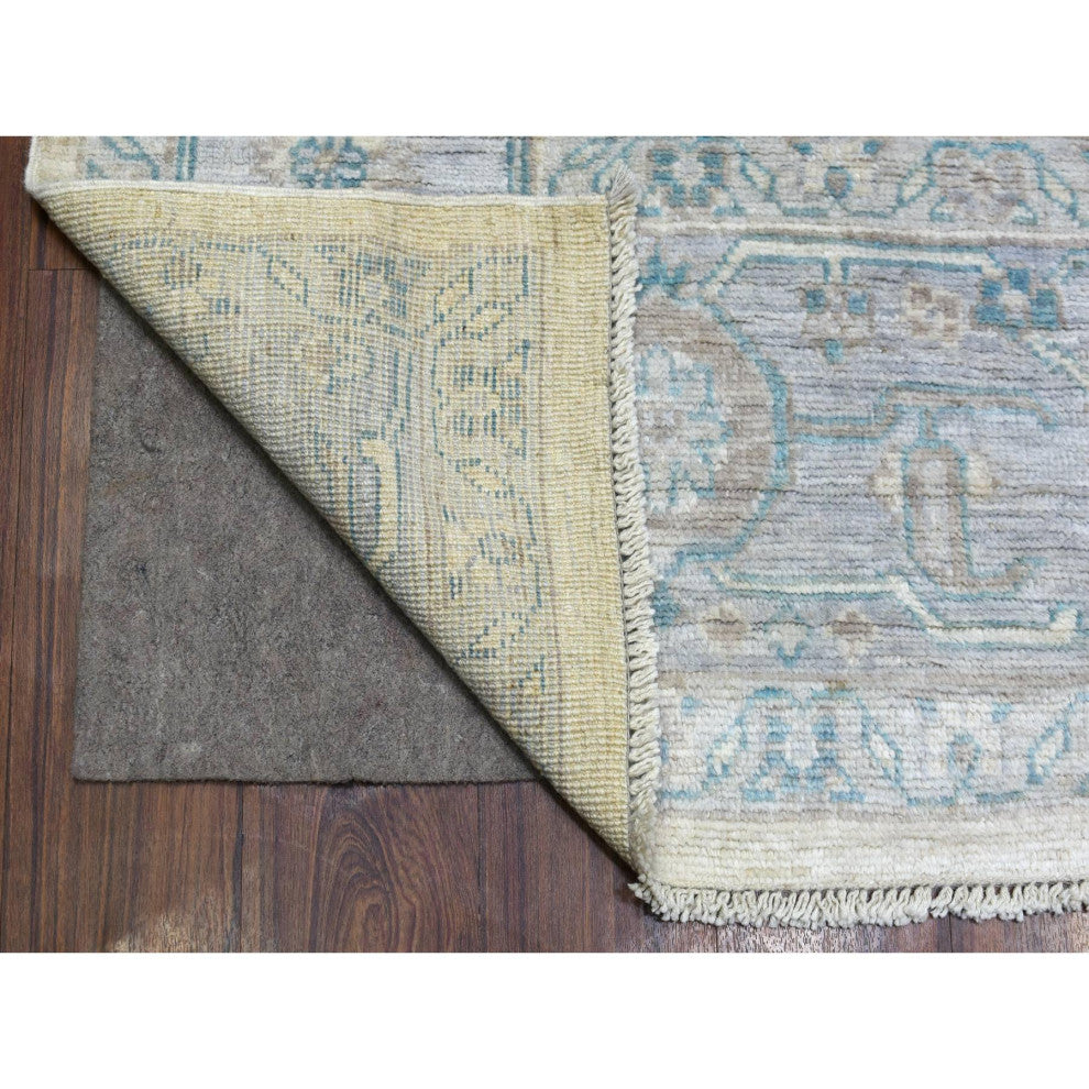 Afghan Angora Oushak Ivory-Blue Organic Wool Hand Knotted Rug, 7'10" x 10'0"