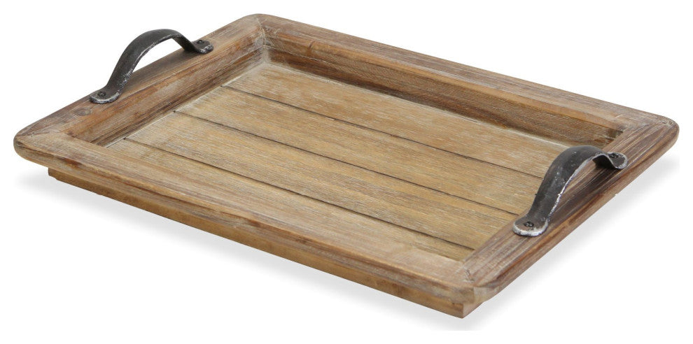 Wooden Paneled Tray With Metal Handles