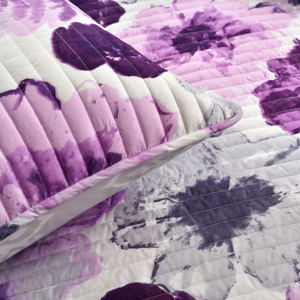 Leah Reversible 3-Piece Quilt Set, Gray/Purple, King