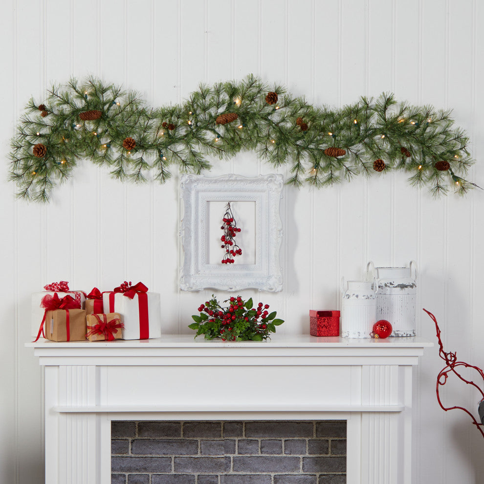 6' North Carolina Pine Faux Christmas Garland With 30 White Lights & Pinecones
