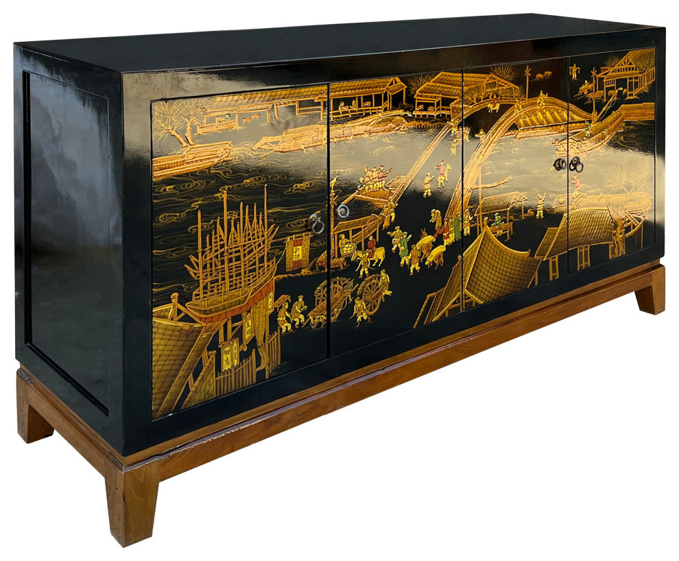 Black Golden Scenery Graphic Sideboard Buffet Console Table Cabinet Hcs7643