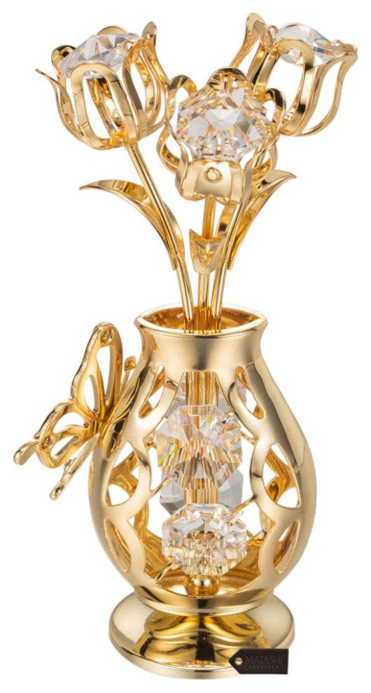 Matashi 24K Gold Plated Flower Ornament in Vase w Crystals Decorative Butterfly