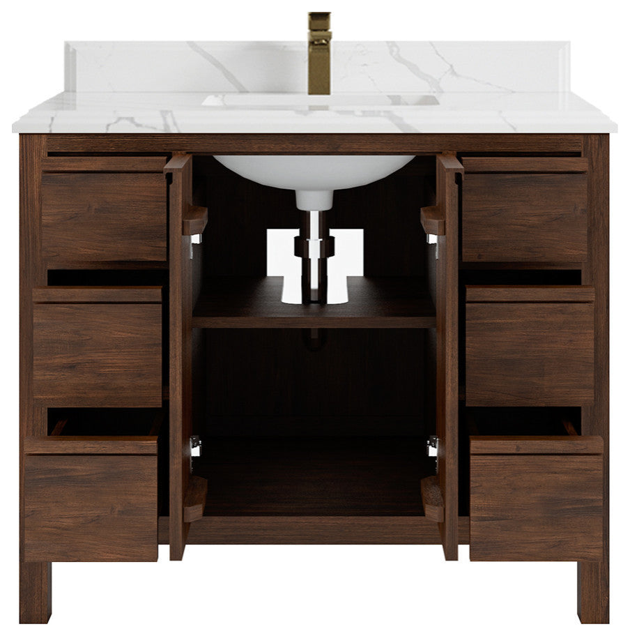 Elizabeth 42 Single Sink Bath Vanity in Dark Walnut Teak 1.5" Calacatta Laza