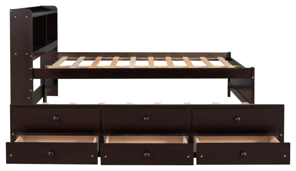 Full/Twin Wood Frame Platform Bed with Trundle and Drawers, Espresso, Full