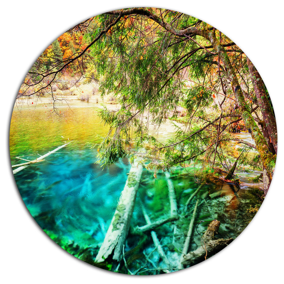 Colorful Lake With Tree Trunks, Landscape Round Wall Art, 23"