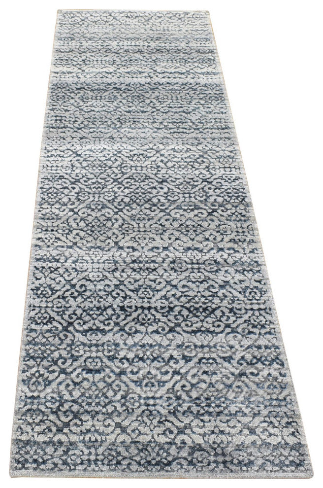 Blue, Modern Damask Design Hand Knotted, Wool and Silk Runner Rug, 2'8"x8'2"