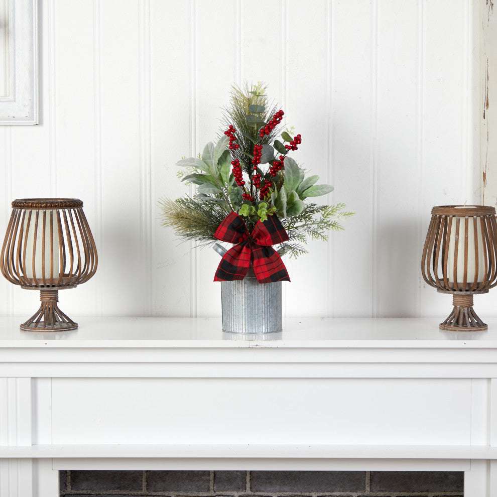 20" Holiday Winter Greenery, Pinecone & Berry W/ Bow Faux Xmas Table Arrangement