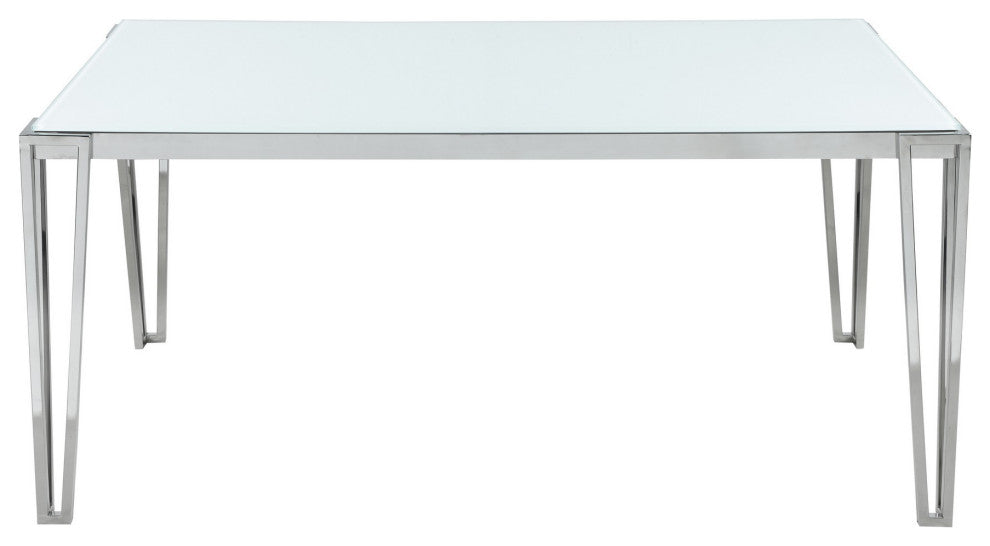 Benzara BM242102 Dining Table With Glass Top and Metal Legs, White and Chrome