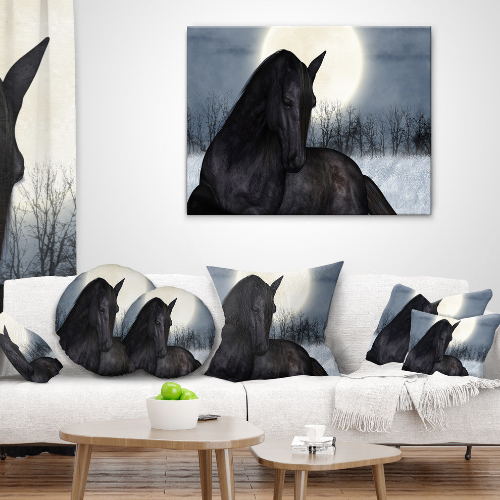 Black Horse in Moonlight Animal Throw Pillow, 18"x18"