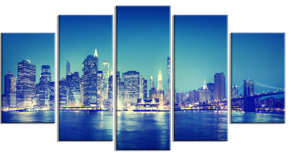"Blue New York City at Night" Panorama Cityscape Canvas Print60"x32", 5-Panels