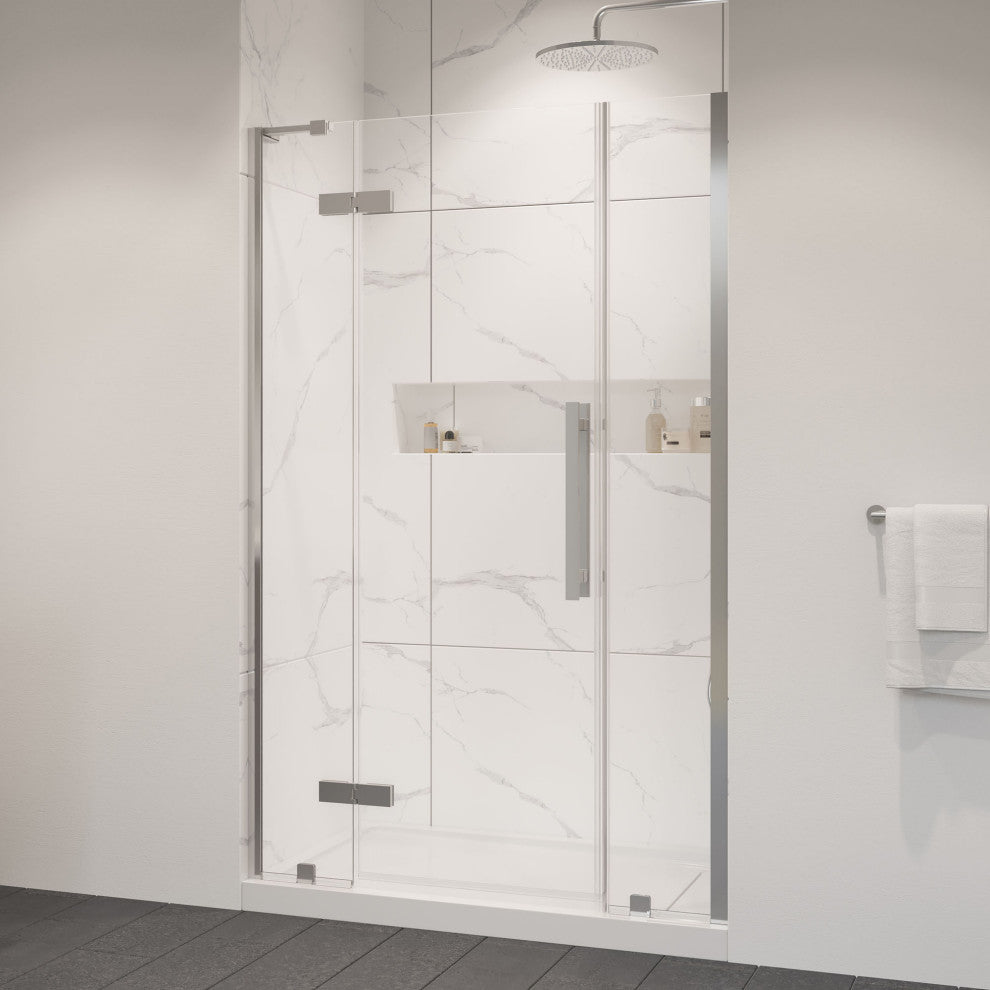 Tampa Alcove Frameless Pivot Hinge Shower Door Kit With Base Pan, Satin Nickel, 48x32"