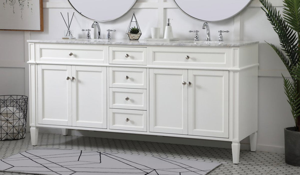 Home Living Vanity with Carrara White Marble Countertop, White, 72", Double Sink