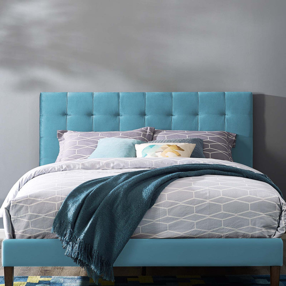 Contemporary Modern Full and Queen Size Tufted Headboard, Velvet Fabric, Blue