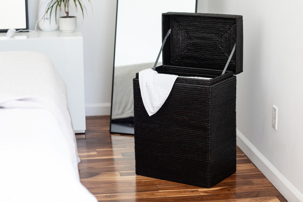 Artifacts Rattan Rectangular Hamper With Hinged Lid, Tudor Black