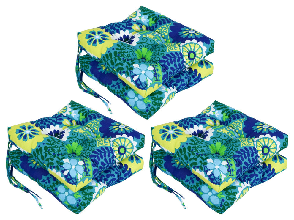 16" Patterned Outdoor Square Tufted Chair Cushions, Set of 6, Luxury Azure