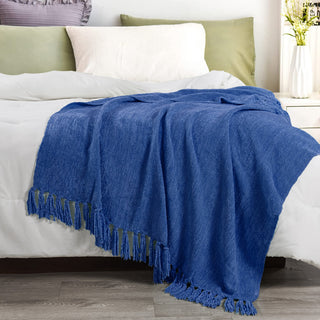 Crystal Chenille Knitted Throw Blanket, Lapis Blue