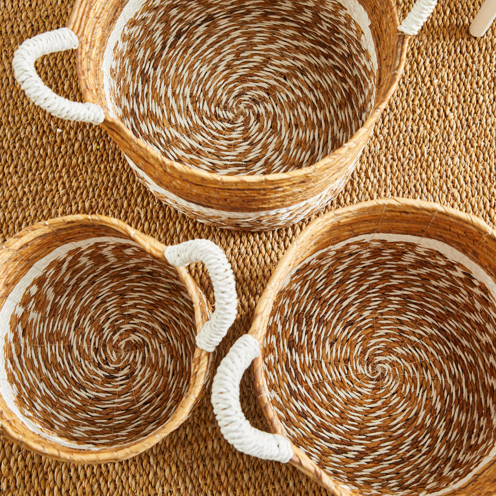 Set 3 Coastal Casual Natural Raffia Round White Stripe Tote Baskets Handle Large