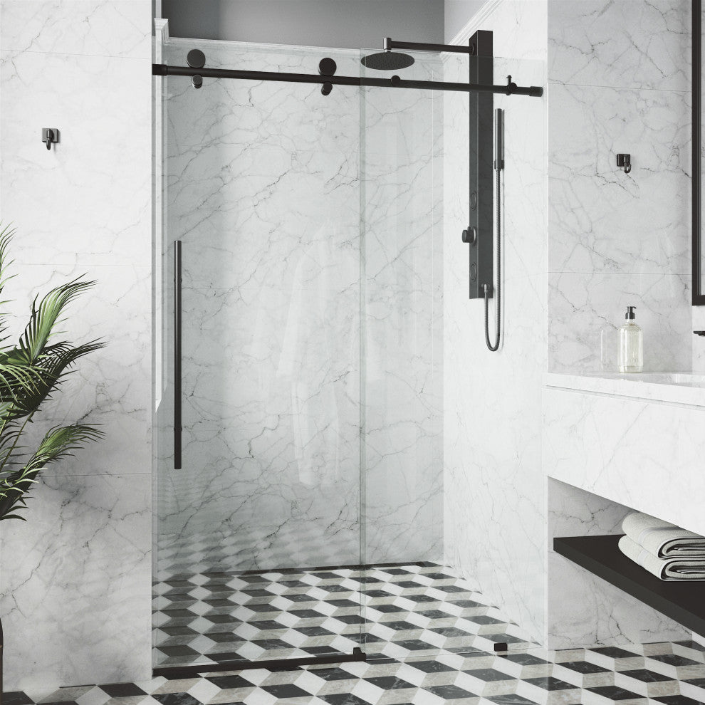 VIGO Elan E-Class 52" to 56" W x 76" H Frameless Sliding Shower Door, Matte Black, Clear Glass