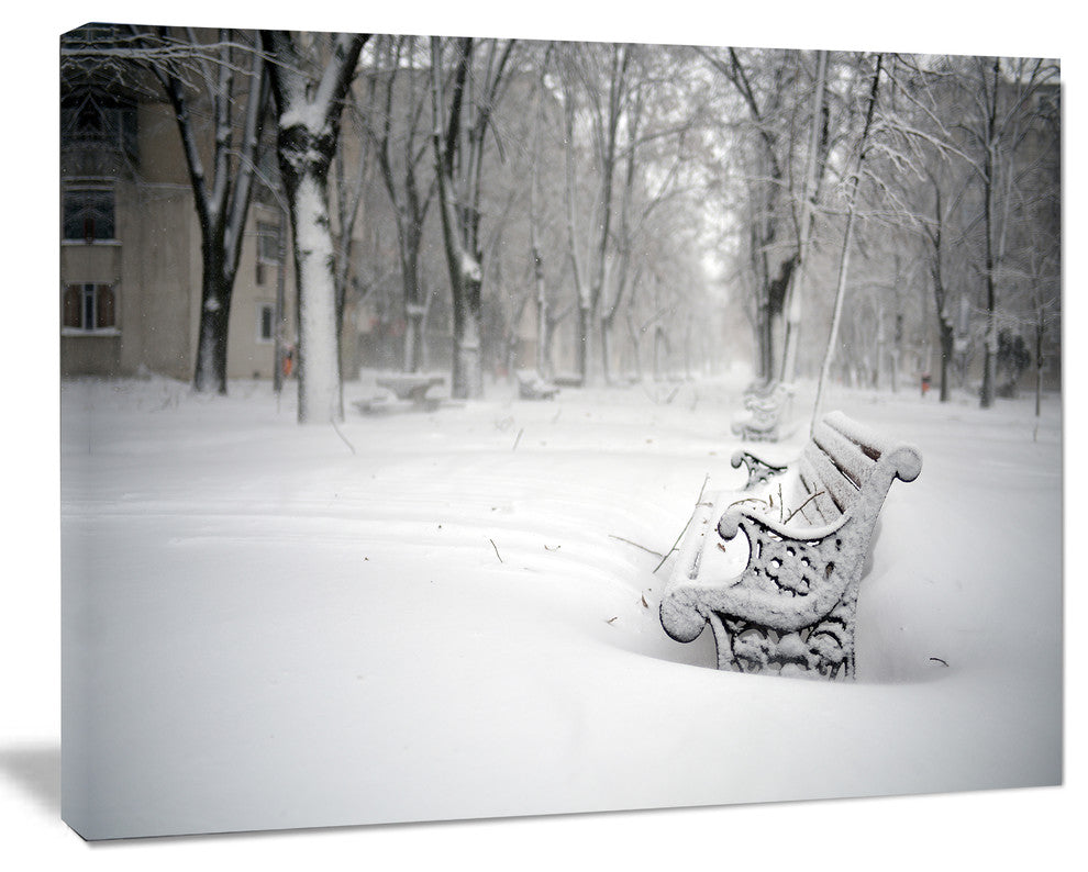 Benches in Park Covered with Snow, Landscape Canvas Art Print, 20"x12"