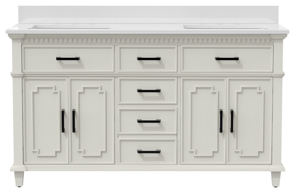 60''Wood Bathroom Vanity Set, With Drawers, Marble Top And Undermount Sink, White