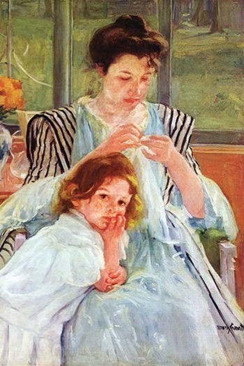 Young Mother Sewing - Fine Art Giclee Print 16" x 24"