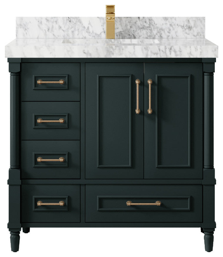 Aberdeen 36 Center Sink Bath Vanity in Dark Forest Green 2" Carrara Marble