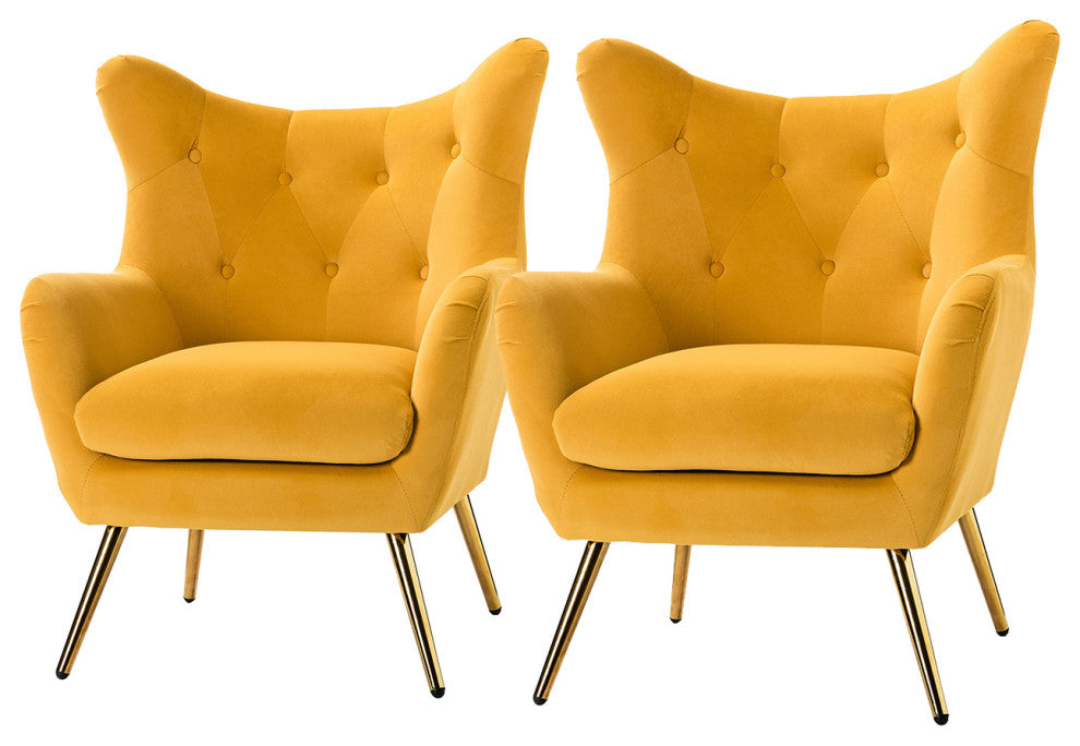 Upholstered Accent Chair With Tufted Back, Set of 2, Mustard
