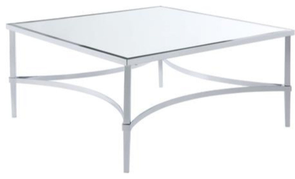 Contemporary Style Metal Coffee Table with Mirrored Glass Top, Silver