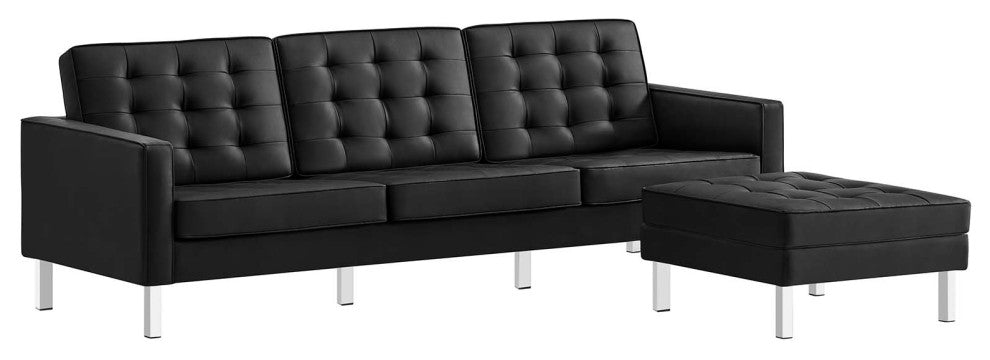 Loft Tufted Vegan Leather Sofa and Ottoman Set, Silver Black