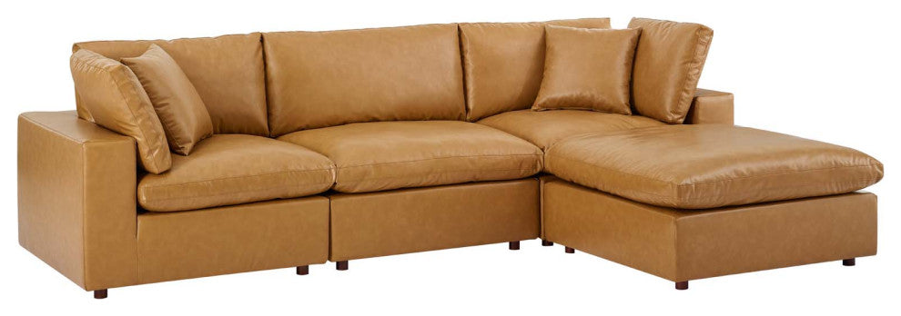 Commix Down Filled Overstuffed Vegan Leather 4-Piece Sectional Sofa - Tan