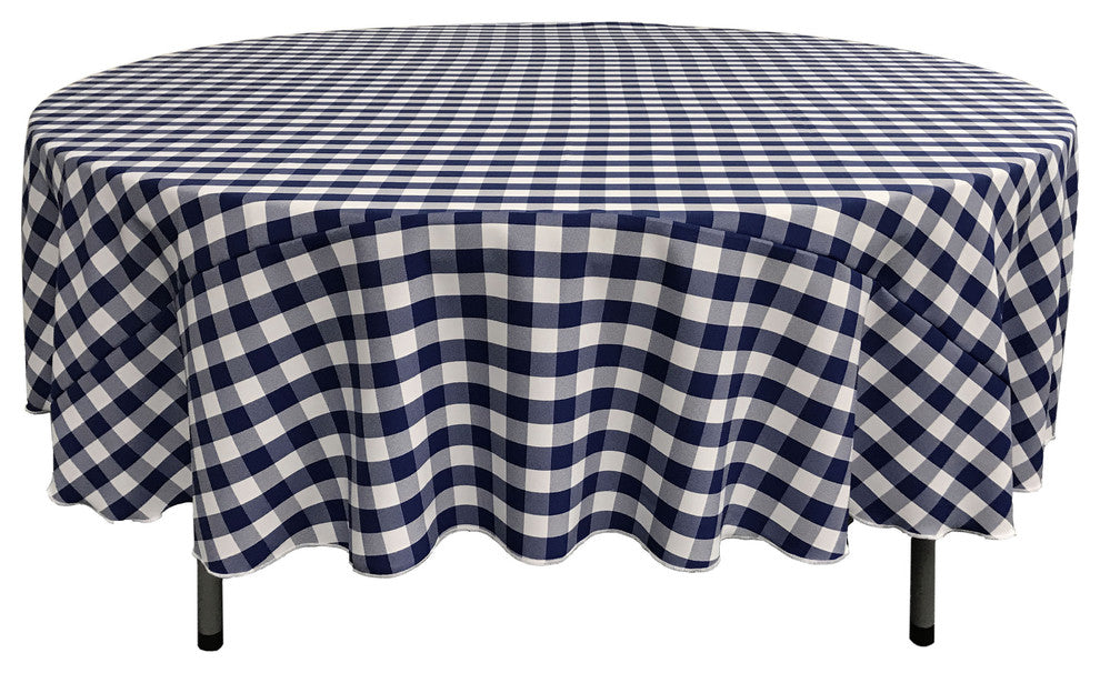 LA Linen Round Gingham Checkered Tablecloth, White and Navy, 90" Round