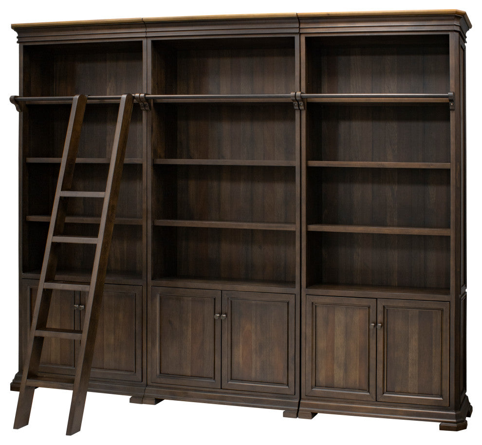 Executive Bookcase Wall With Wood Ladder, Fully Assembled, Brown