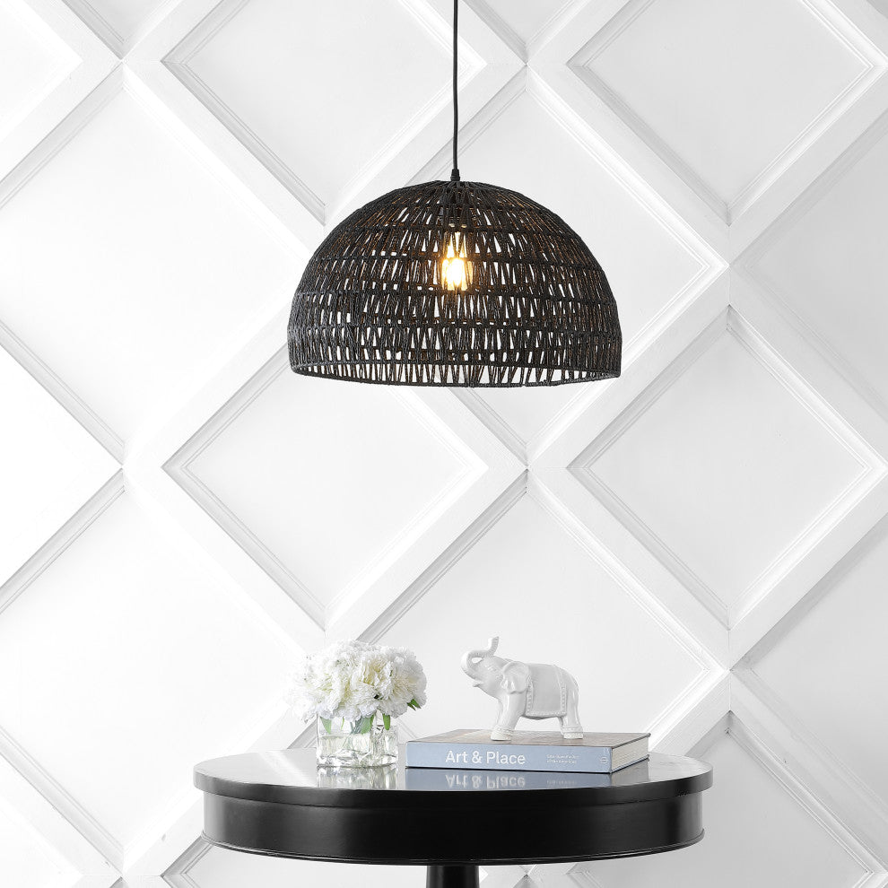 Campana 1-Light Bohemian Modern Woven Rattan/Iron LED Pendant, Black
