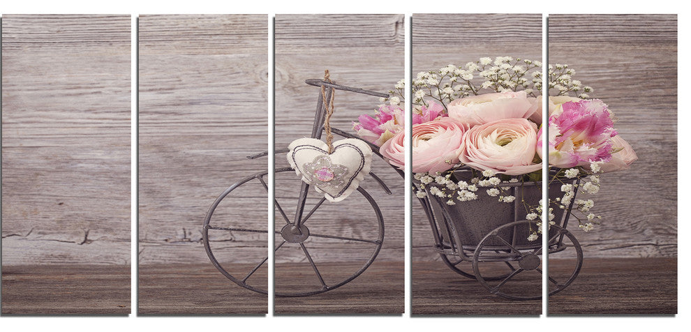Ranunculus Flowers in Bicycle Vase, Floral Canvas Print, 60"x28", 5 Panels