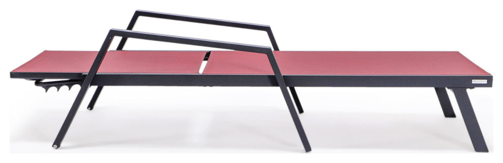 LeisureMod Marlin Chaise Lounge Chair With Arms and Fire Pit Table, Burgundy