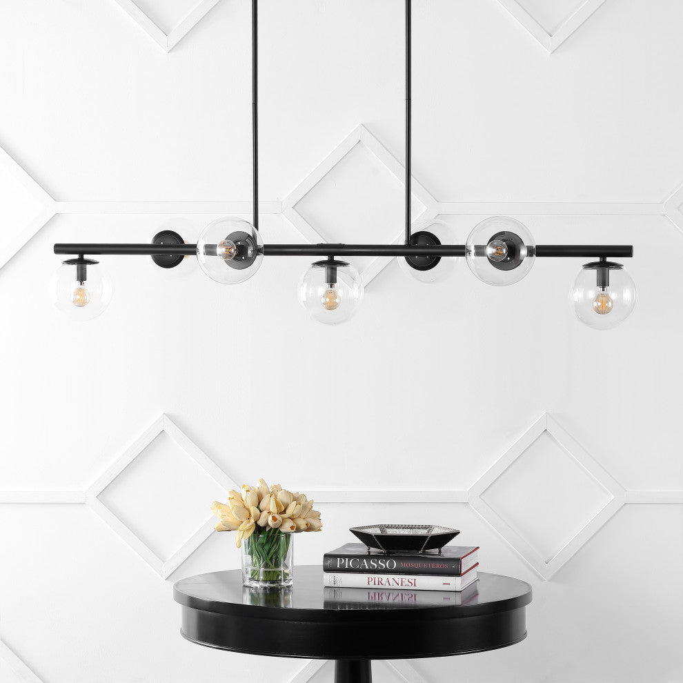 Luca Parisian 53" 7-Light Modern Glam Iron Globe Linear LED Pendant, Black/Clear