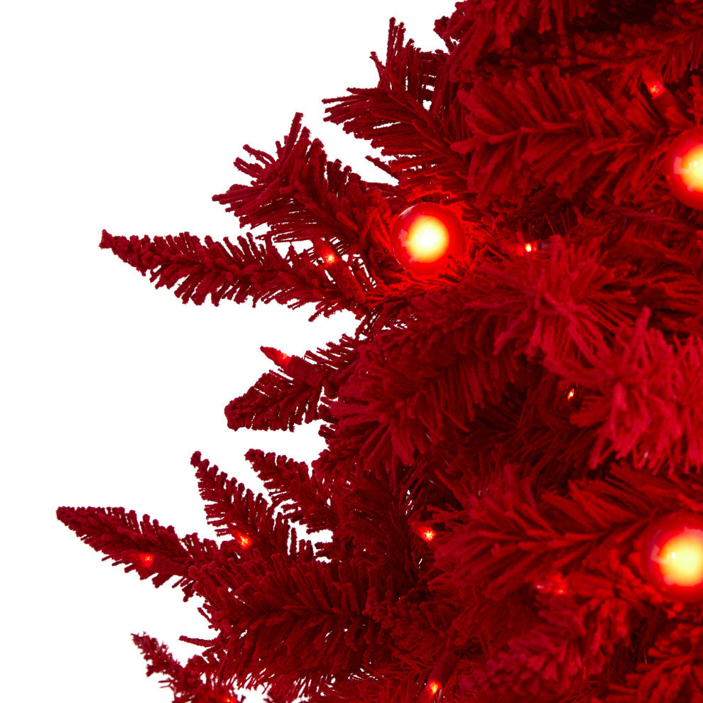 6' Red Flocked Fraser Fir Christmas Tree / 350 Red Lights, 33 Globe Bulbs