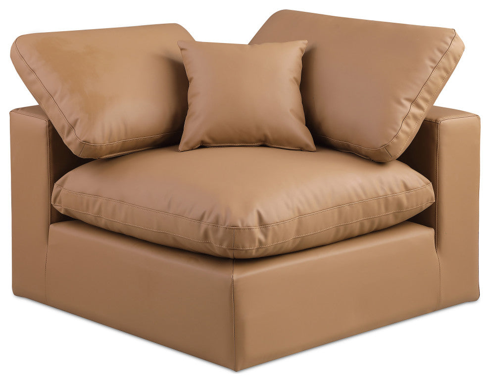 Comfy Beige Linen Textured Fabric Modular Chair, Cognac, Vegan Leather, Corner Chair