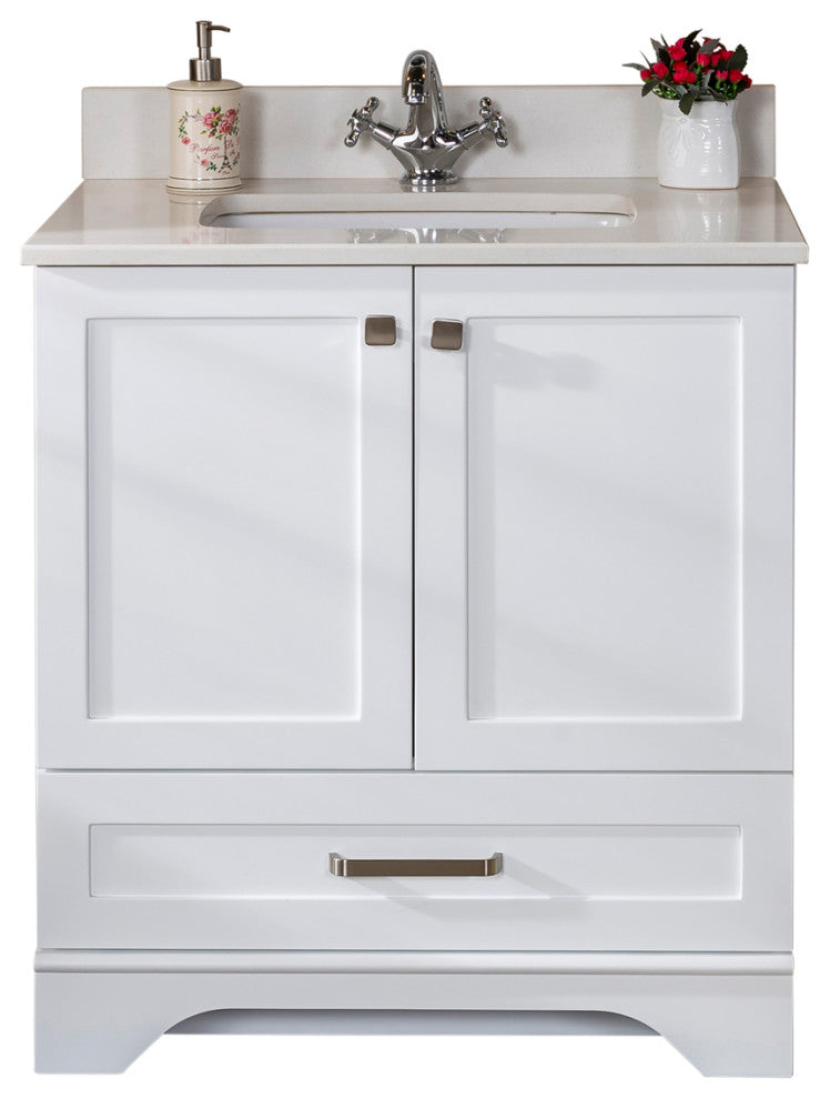 Livia Collection 30" Bath Vanity Quartz Top and Ceramic Sink, White, 30"