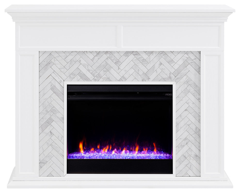 Torron Color Changing Marble Tiled Fireplace, White
