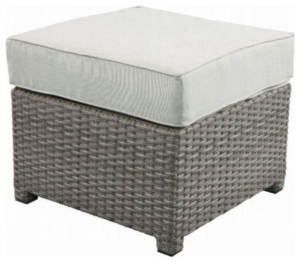 ACME Salena Patio Sofa and Ottoman with 2 Pillows, Beige Fabric and Gray Wicker