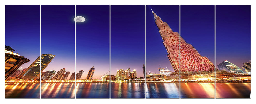 Burj Khalifa Night Landscape, Cityscape Canvas Art Print, 83"x32", 7 Panels