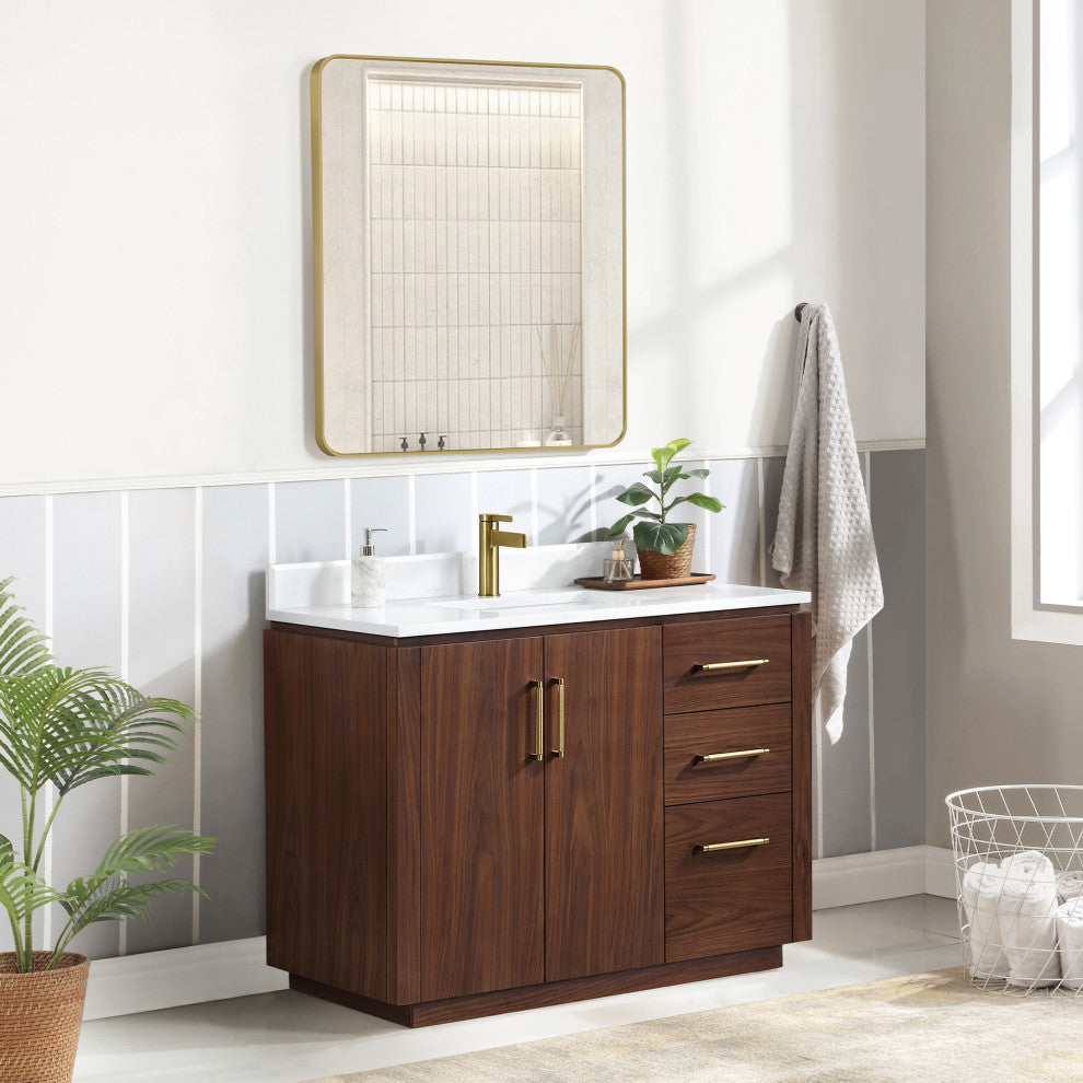 San Bath Vanity with Stone Top, Natural Walnut, 42", Single Vanity, No Mirror