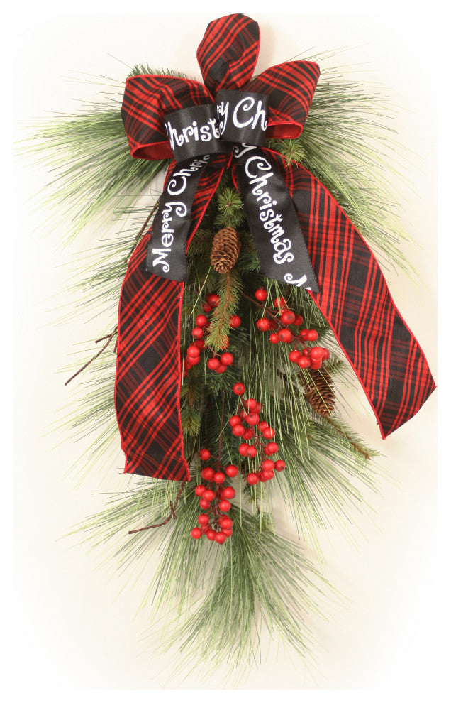 Long Needle Pine Swag With Weathered Red Berries With Ribbon