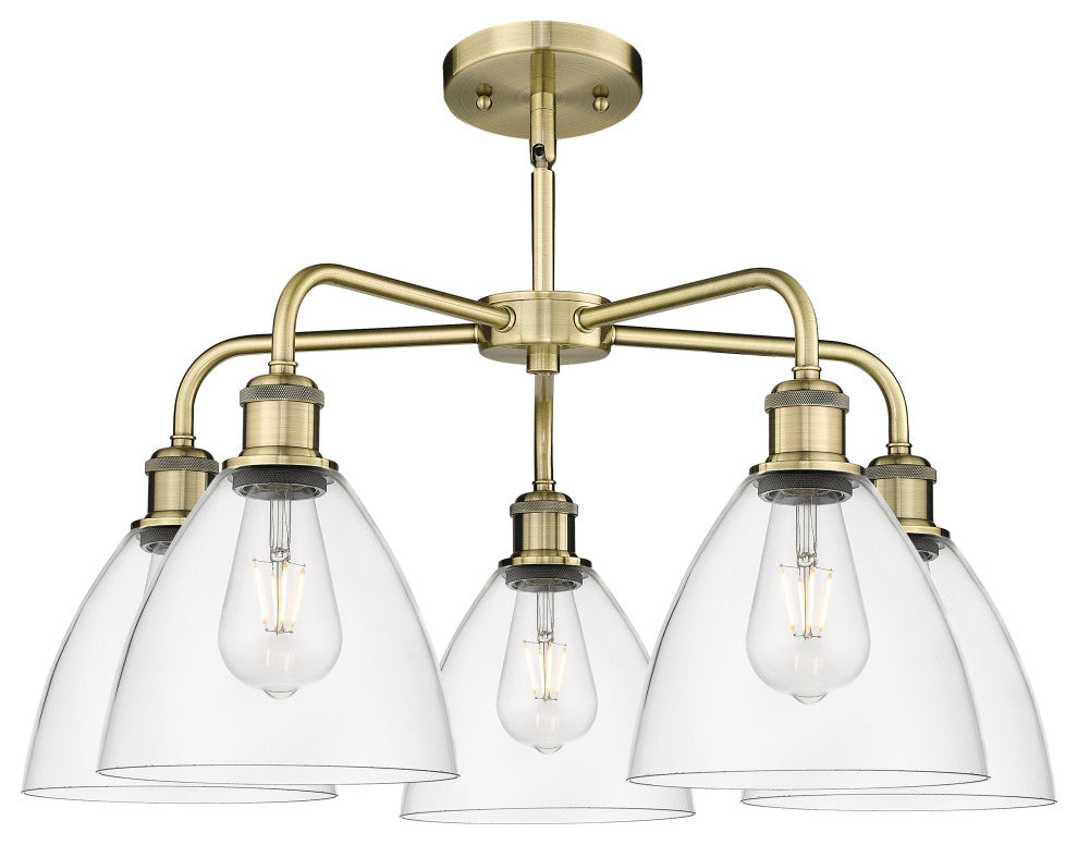 Bristol Glass 5-Light 26" Stem Chandelier, Antique Brass Finish, Clear Shade